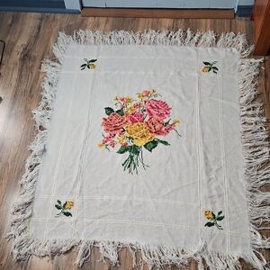Vintage Handmade Cross-stitched Floral Table Runner Table Topper